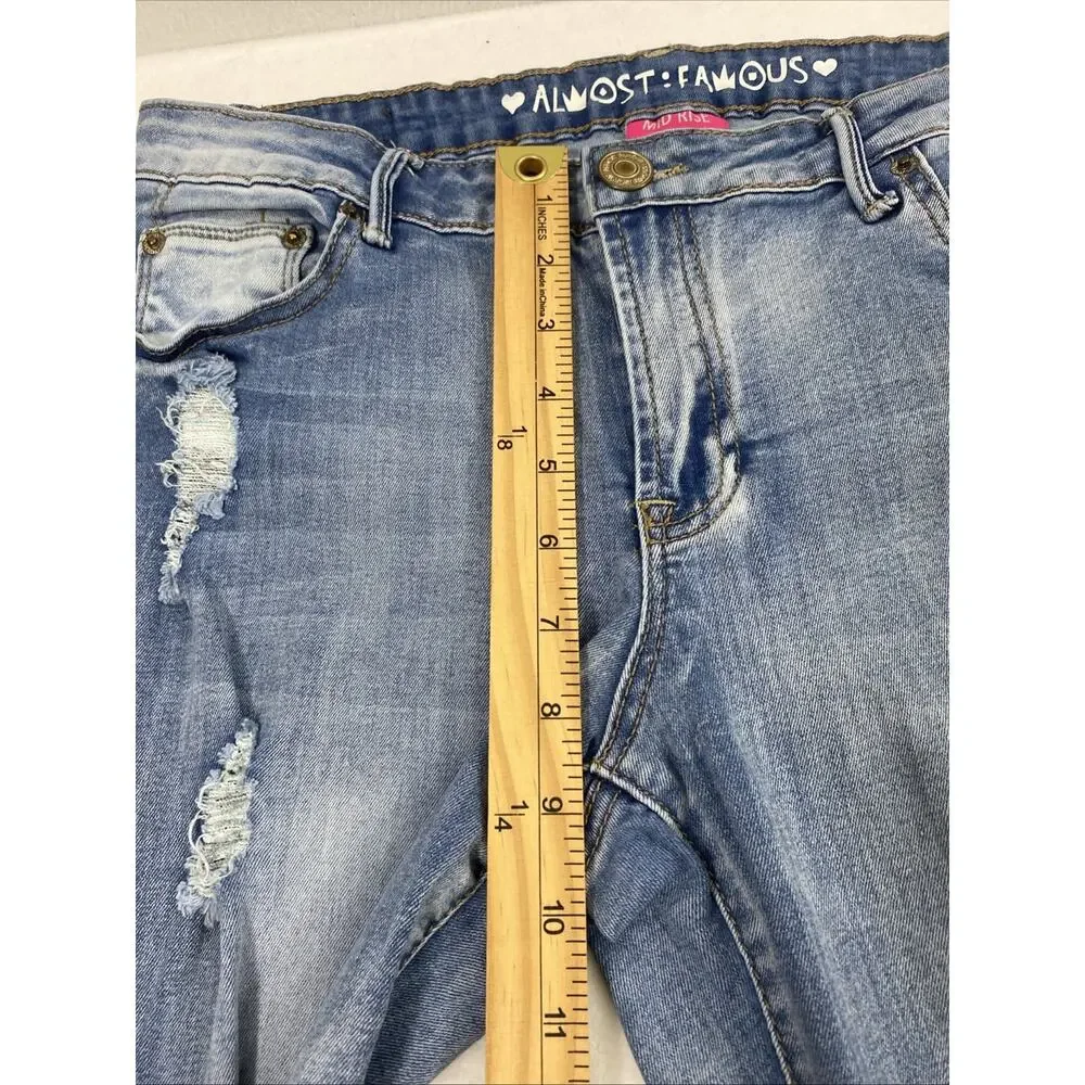 Almost Famous Jeans‎ Juniors Size 9 Medium Wash Denim Destroyed Mid Rise Raw Hem